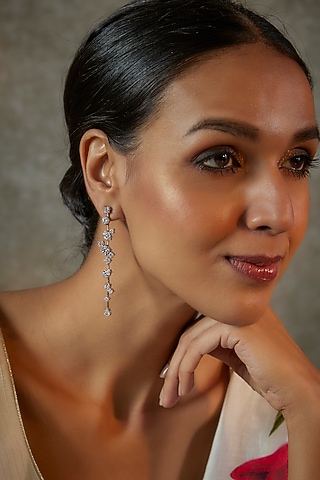 White Finish Zircon Dangler Earrings In Sterling Silver by Arista Jewels