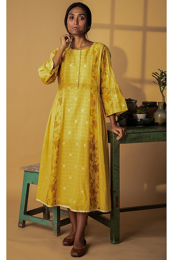 Yellow Handwoven Khadi Cotton Jamdani Dress by ARTE-ALTER at Pernia's Pop Up Shop