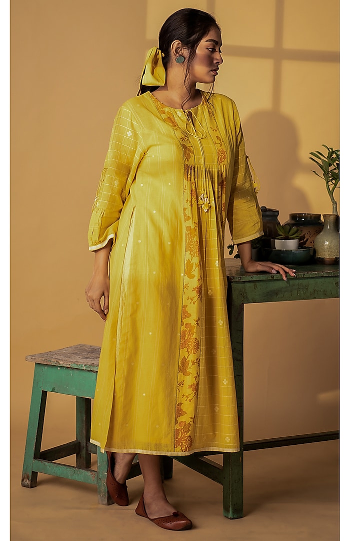 Yellow Embroidered & Printed Dress by ARTE-ALTER at Pernia's Pop Up Shop