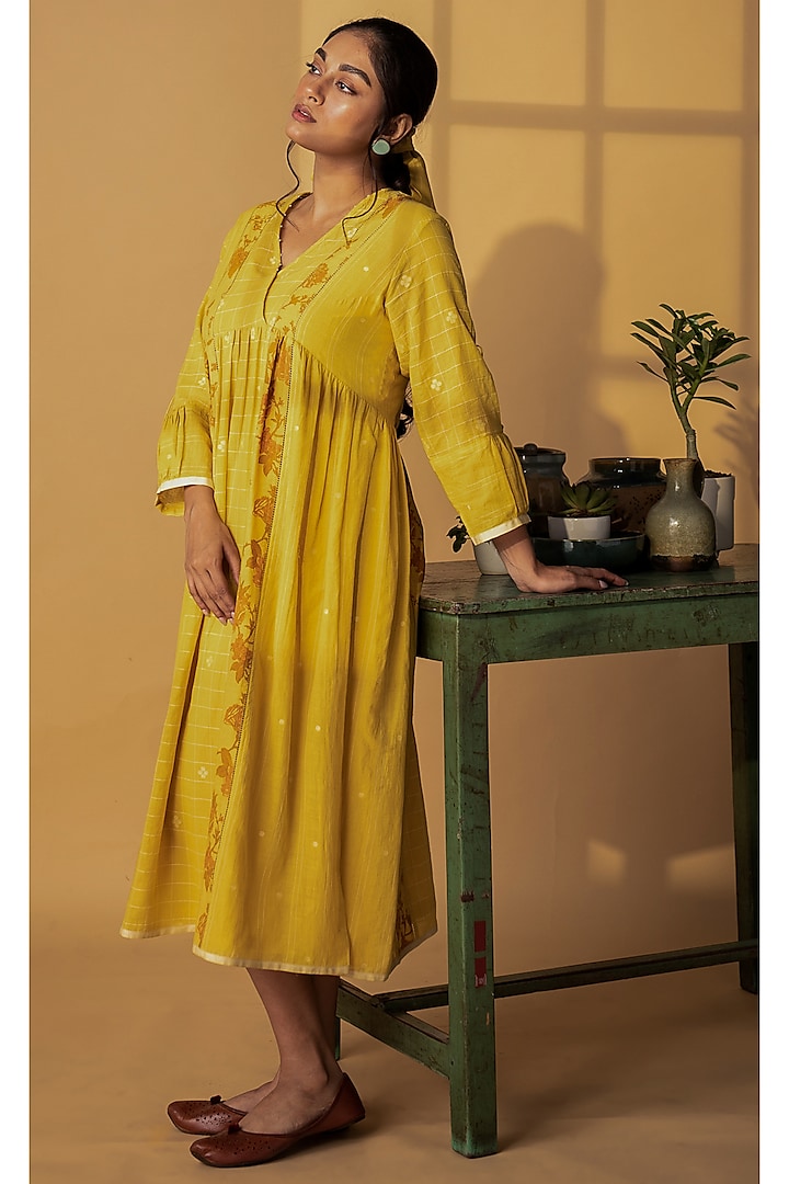 Yellow Printed Khadi Dress by ARTE-ALTER at Pernia's Pop Up Shop