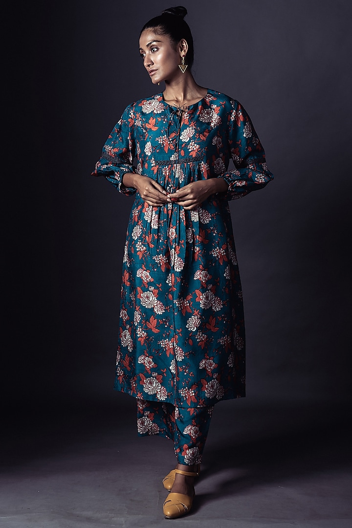 Teal Blue Printed Kurta Set by ARTE-ALTER