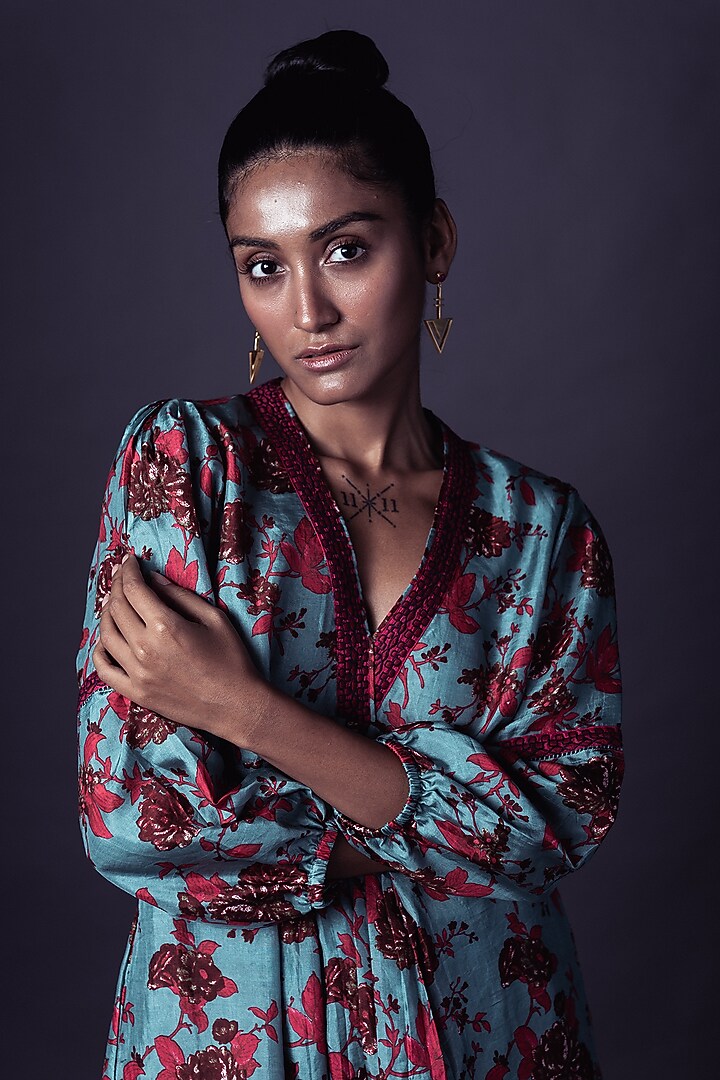 Aqua Hand Printed Kurta Set by ARTE-ALTER at Pernia's Pop Up Shop