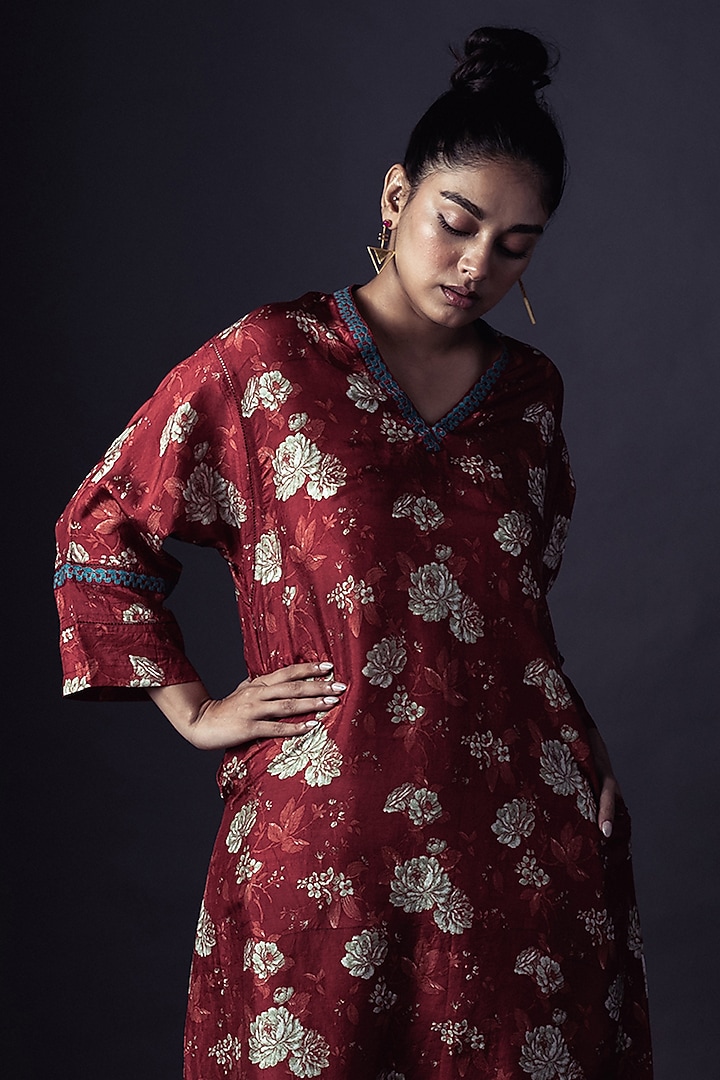 Deep Red Printed A-Line Kurta Set by ARTE-ALTER at Pernia's Pop Up Shop
