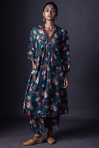 Teal Blue Hand Printed Kurta Set by ARTE-ALTER