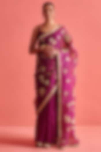 Magenta Silk Organza Embellished Saree Set by aarti Sethia