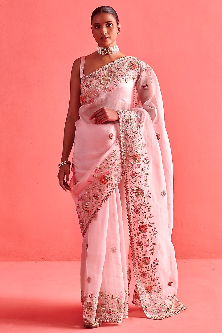 Powder Pink Silk Organza Thread Work Saree Set by aarti Sethia