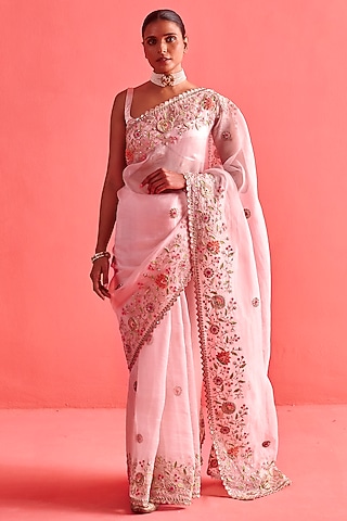 Powder Pink Silk Organza Thread Work Saree Set by aarti Sethia