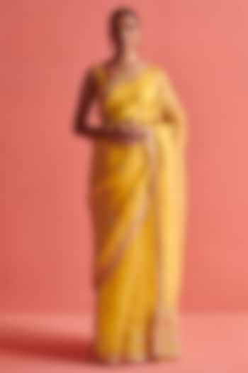 Yellow Silk Organza Hand Embroidered Saree Set by aarti Sethia