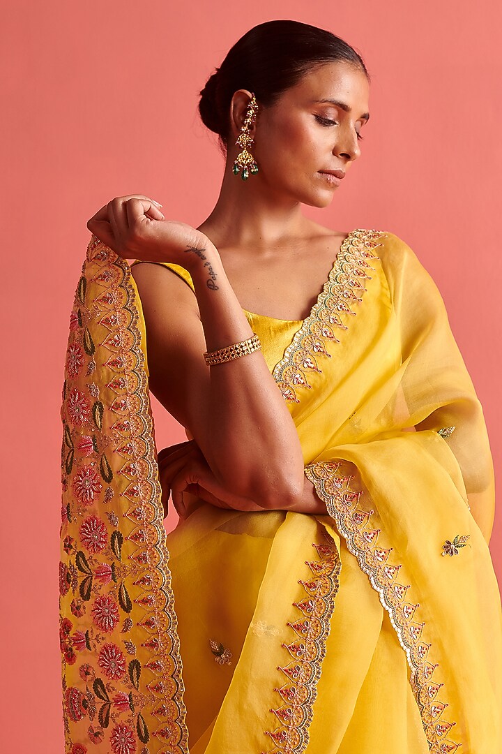 Yellow Silk Organza Hand Embroidered Wedding Saree Set by aarti Sethia at Pernia's Pop Up Shop