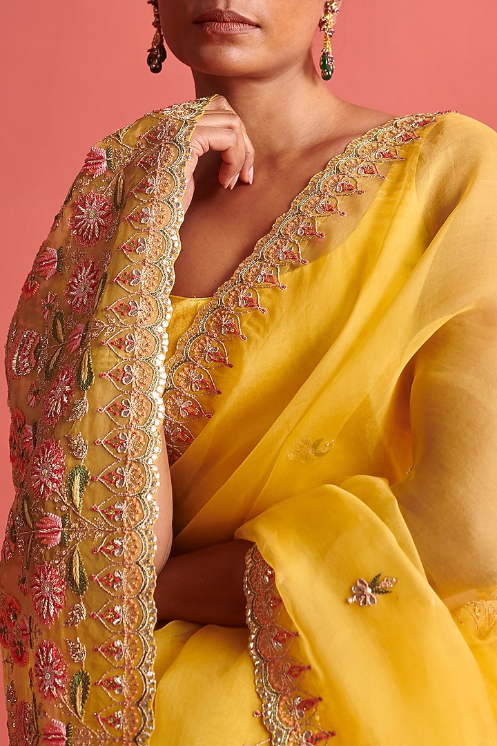 Yellow Silk Organza Hand Embroidered Wedding Saree Set by aarti Sethia at Pernia's Pop Up Shop