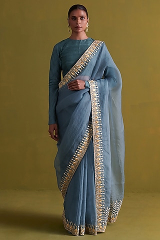 Marine Blue Silk Organza Hand Embroidered Saree Set by aarti Sethia