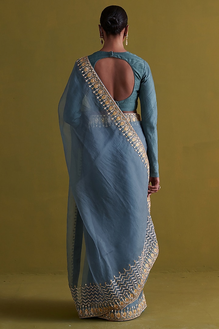Marine Blue Silk Organza Hand Embroidered Wedding Saree Set by aarti Sethia at Pernia's Pop Up Shop