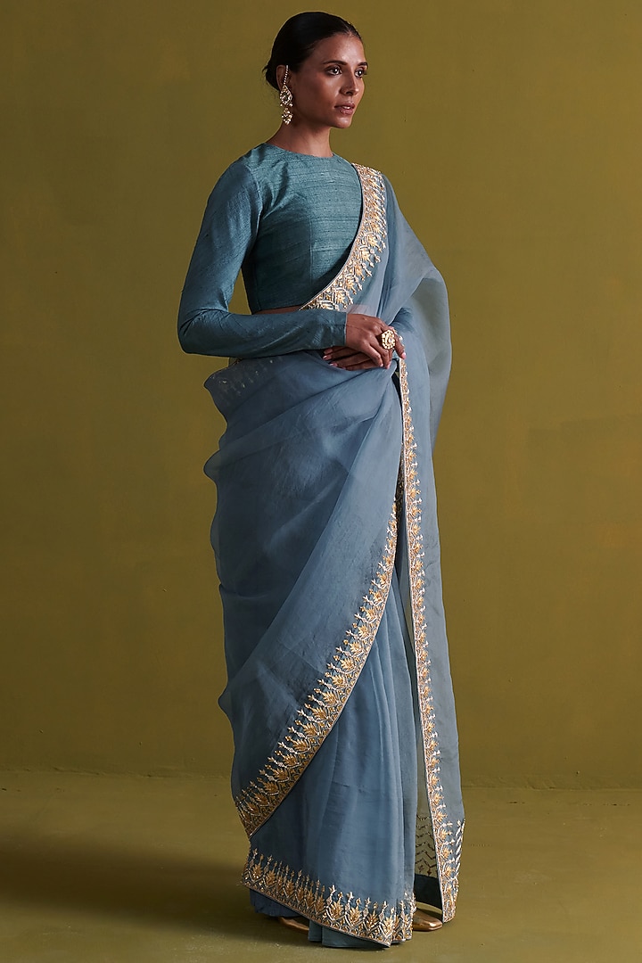 Marine Blue Silk Organza Hand Embroidered Wedding Saree Set by aarti Sethia at Pernia's Pop Up Shop
