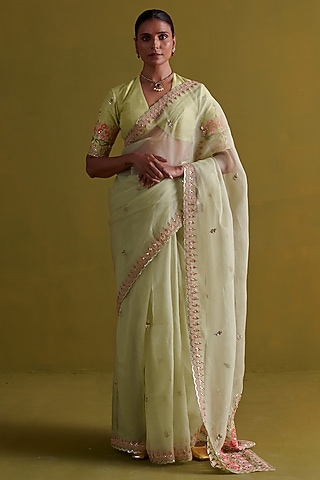 Pista Green Silk Organza Hand Embroidered Saree Set by aarti Sethia