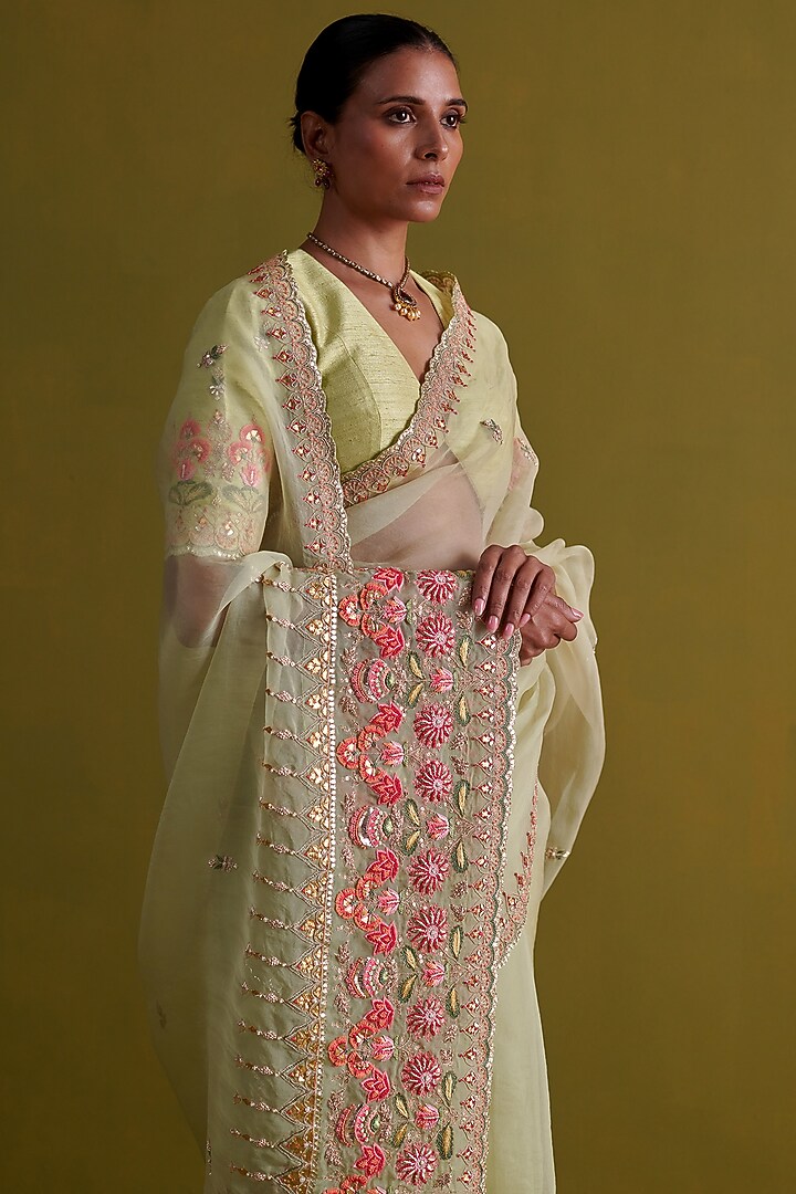 Pista Green Silk Organza Hand Embroidered Wedding Saree Set by aarti Sethia at Pernia's Pop Up Shop