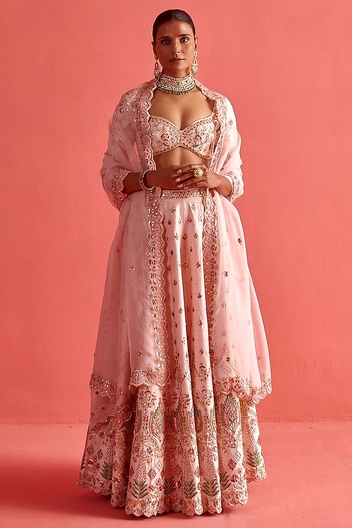 Powder Pink Silk Hand Embroidered Lehenga Set by aarti Sethia