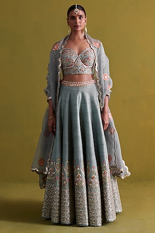 Marine Blue Raw Silk Hand Embroidered Lehenga Set by aarti Sethia