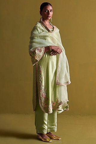 Pista Green Kora Silk Dabka Handwork Kurta Set by aarti Sethia