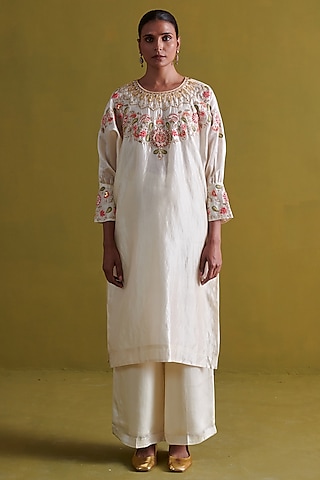 Ivory Kora Silk Dabka Work Kurta Set by aarti Sethia