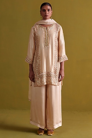 Beige Kora Silk Hand Embroidered Short Kurta Set by aarti Sethia