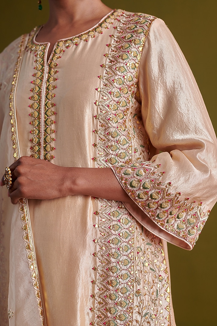 Beige Kora Silk Hand Embroidered Short Kurta Set by aarti Sethia at Pernia's Pop Up Shop
