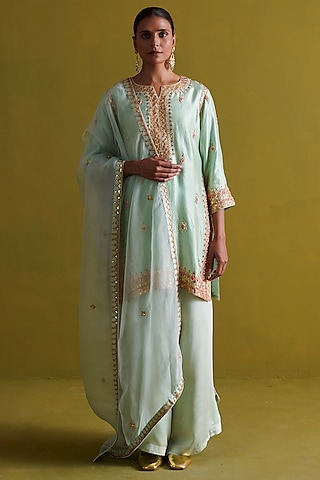 Light Sage Green Kora Silk Hand Embroidered Short Kurta Set by aarti Sethia