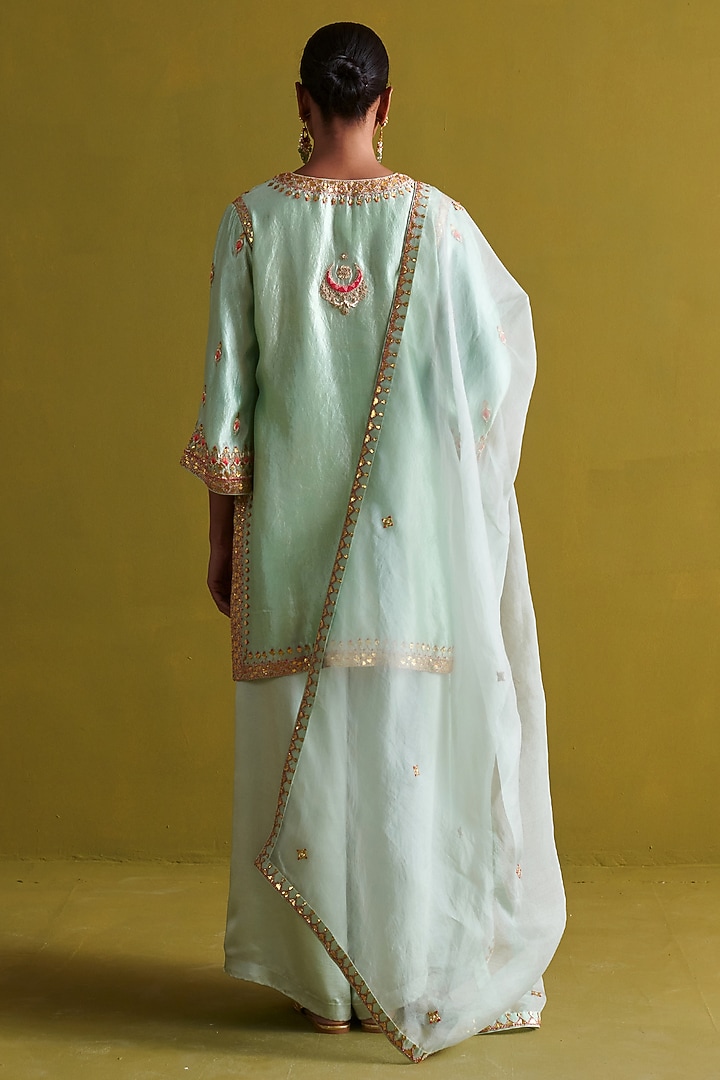 Light Sage Green Kora Silk Hand Embroidered Short Kurta Set by aarti Sethia at Pernia's Pop Up Shop
