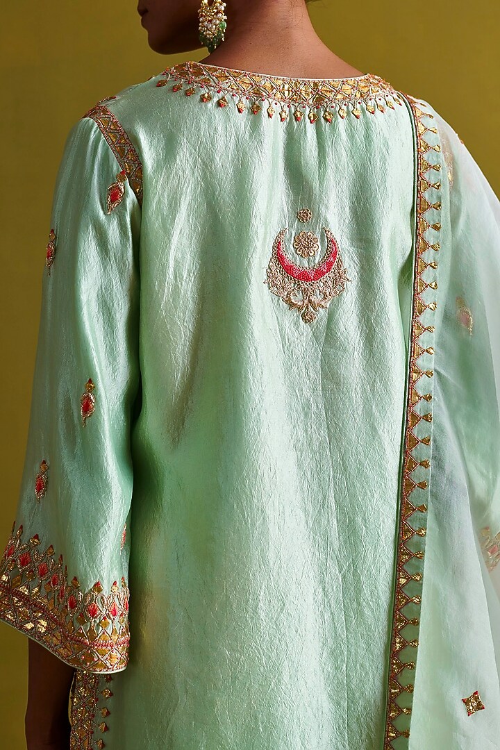 Light Sage Green Kora Silk Hand Embroidered Short Kurta Set by aarti Sethia at Pernia's Pop Up Shop