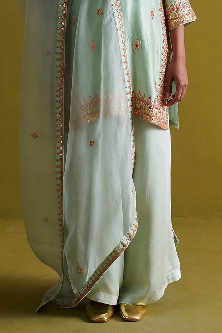 Light Sage Green Kora Silk Hand Embroidered Short Kurta Set by aarti Sethia at Pernia's Pop Up Shop