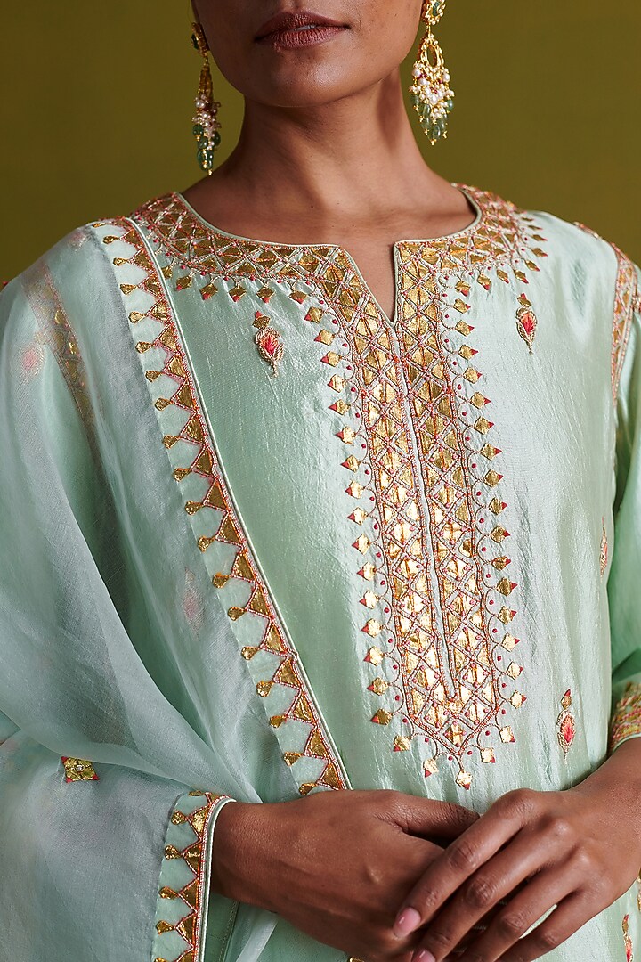 Light Sage Green Kora Silk Hand Embroidered Short Kurta Set by aarti Sethia at Pernia's Pop Up Shop