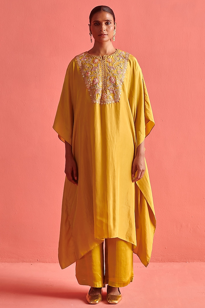 Mustard Yellow Hand Embroidered Kaftan Set by aarti Sethia