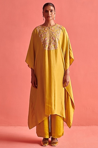 Mustard Yellow Hand Embroidered Kaftan Set by aarti Sethia