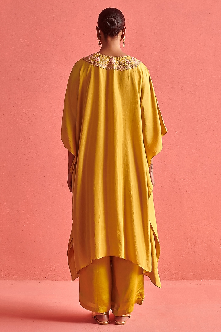 Mustard Yellow Hand Embroidered Kaftan Set by aarti Sethia at Pernia's Pop Up Shop