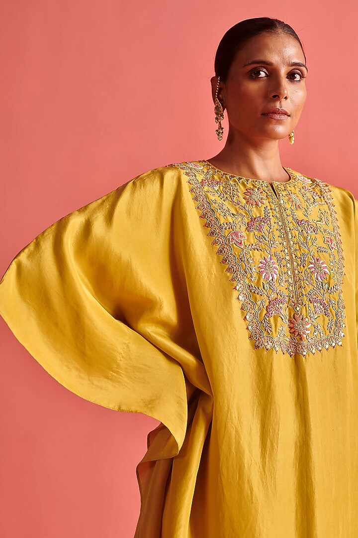 Mustard Yellow Hand Embroidered Kaftan Set by aarti Sethia at Pernia's Pop Up Shop
