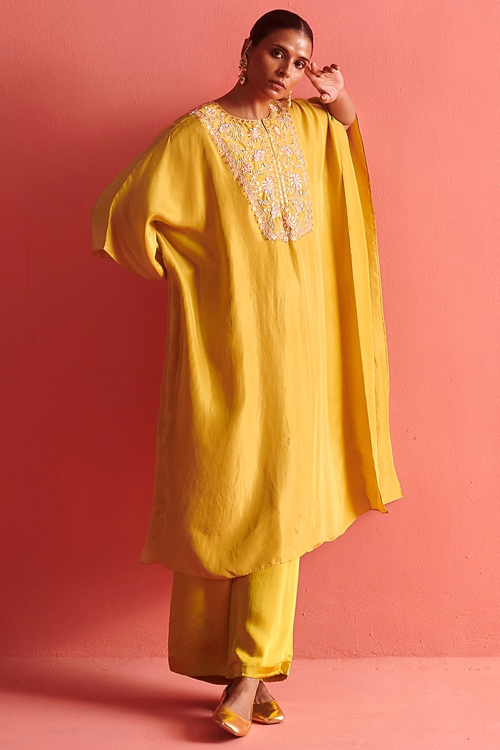 Mustard Yellow Hand Embroidered Kaftan Set by aarti Sethia at Pernia's Pop Up Shop