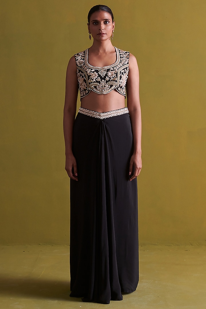 Black Crepe Silk Draped Skirt Set by aarti Sethia
