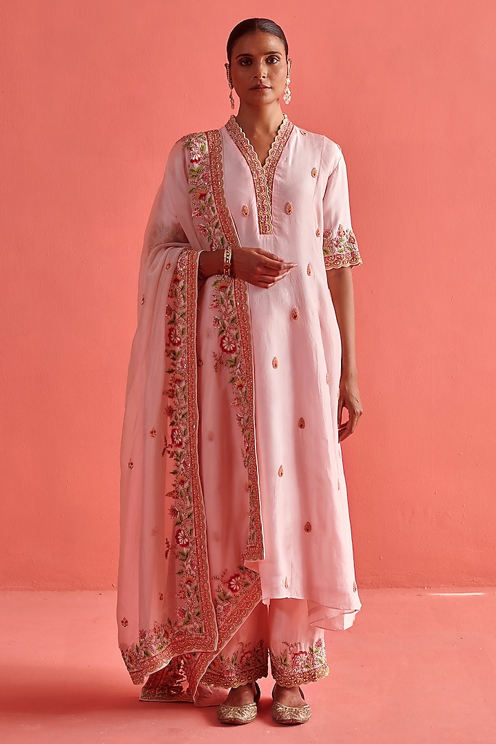 Powder Pink Organza Thread Embroidered Dupatta by aarti Sethia