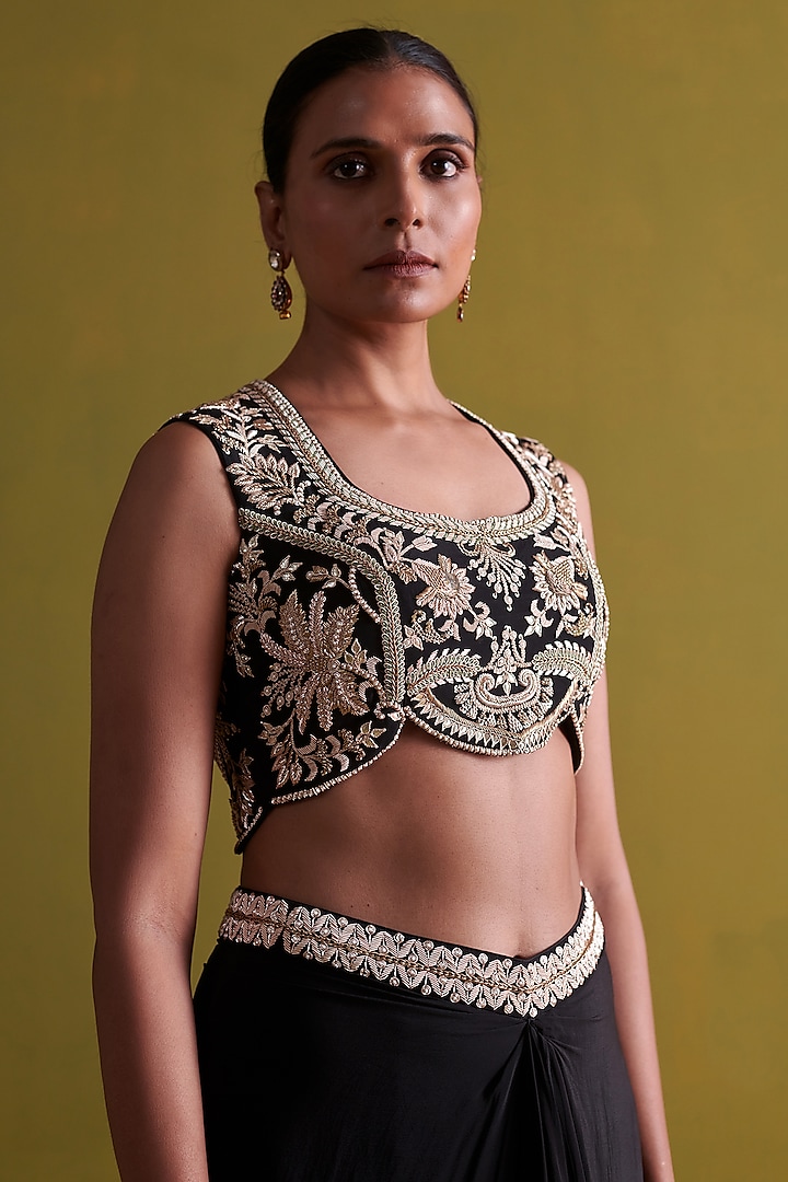 Black Crepe Silk Hand Embroidered Blouse by aarti Sethia