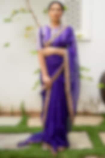 Deep Purple Hand Embroidered Wedding Saree Set by aarti Sethia at Pernia's Pop Up Shop