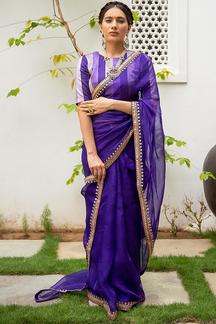 Deep Purple Hand Embroidered Wedding Saree Set by aarti Sethia at Pernia's Pop Up Shop