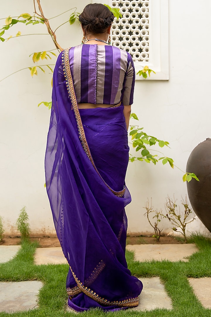 Deep Purple Hand Embroidered Wedding Saree Set by aarti Sethia at Pernia's Pop Up Shop