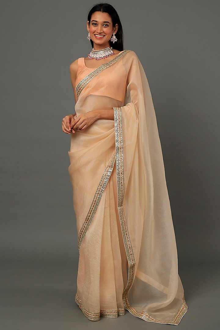 Beige Hand Embroidered Wedding Saree Set by aarti Sethia at Pernia's Pop Up Shop