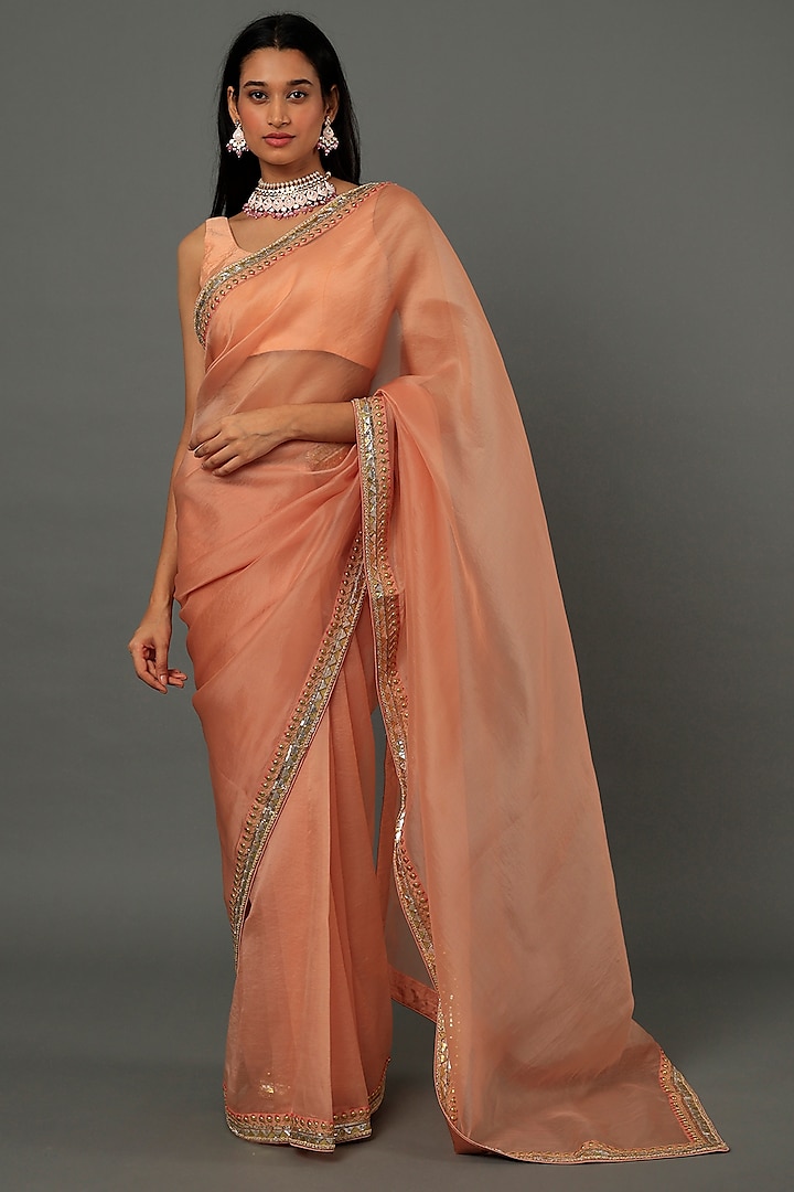 Peach Embroidered Saree Set by aarti Sethia