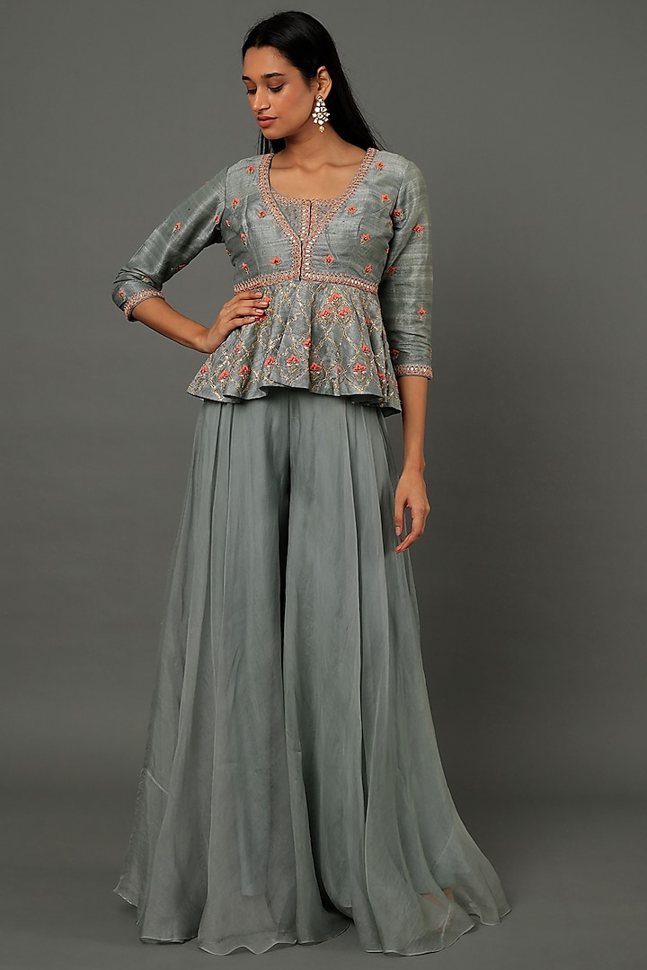 Sage Green Organza Palazzo Pants Set by aarti Sethia at Pernia's Pop Up Shop
