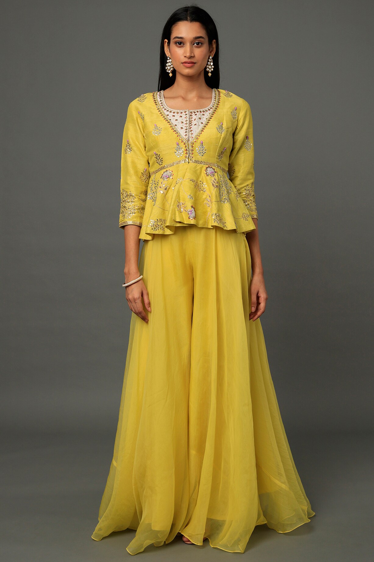 Different Yellow Color NeckWork Design Organza Top Material And Pant Material With Organza Dupatta main image 1