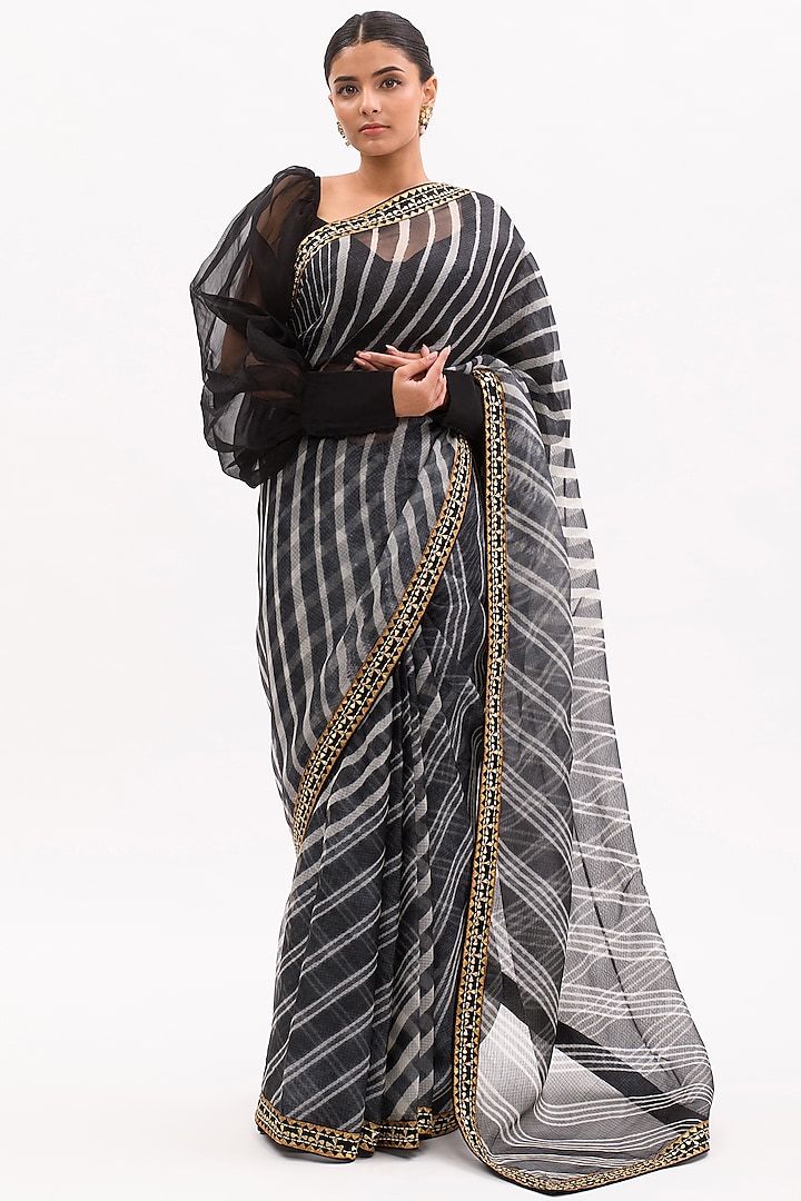 Black Silk Leheriya Saree Set by aarti Sethia