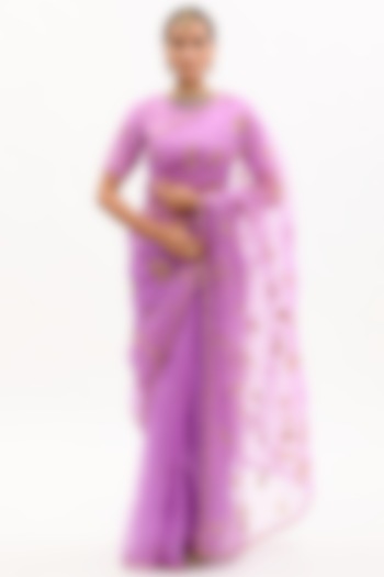 Purple Hand Embroidered Wedding Saree Set by aarti Sethia at Pernia's Pop Up Shop