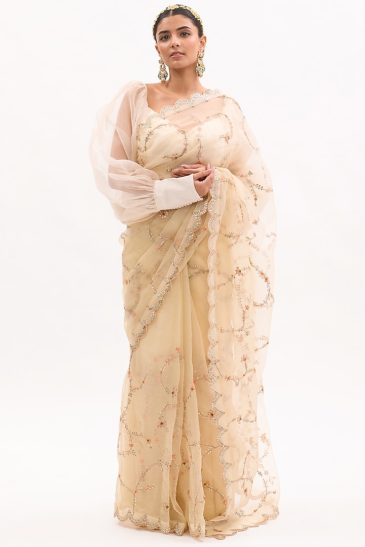 Ivory Embroidered Saree Set by aarti Sethia