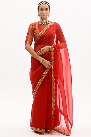 Red Gota Patti Embroidered Saree Set by aarti Sethia