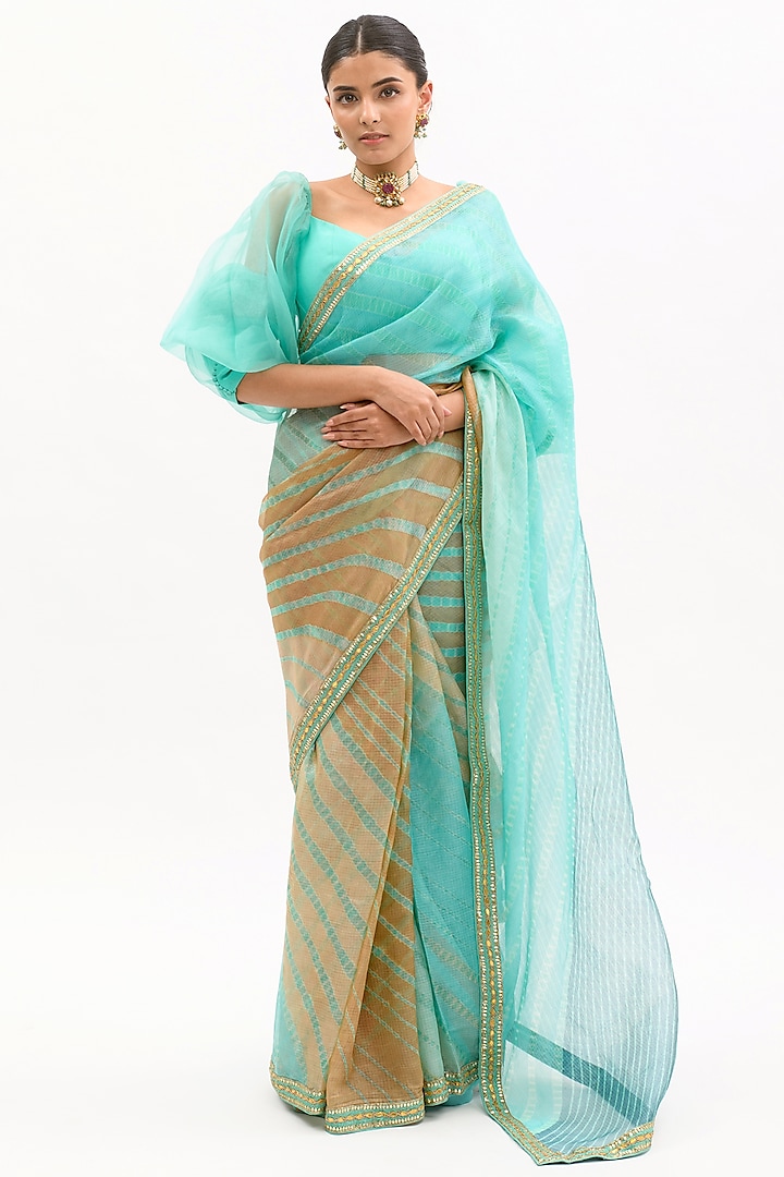 Sea Green Silk Leheriya Saree Set by aarti Sethia